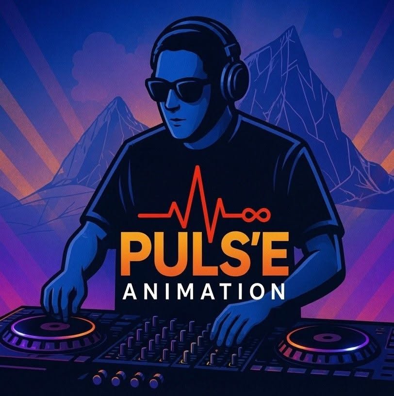 Illustration originale Puls'E Animation : DJ aux platines, logo avec battement de cœur rouge et infini