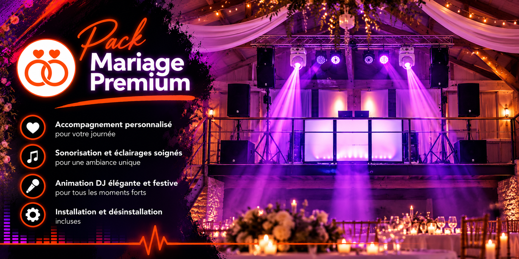 Affiche originale du pack Mariage Premium, description des équipements inclus